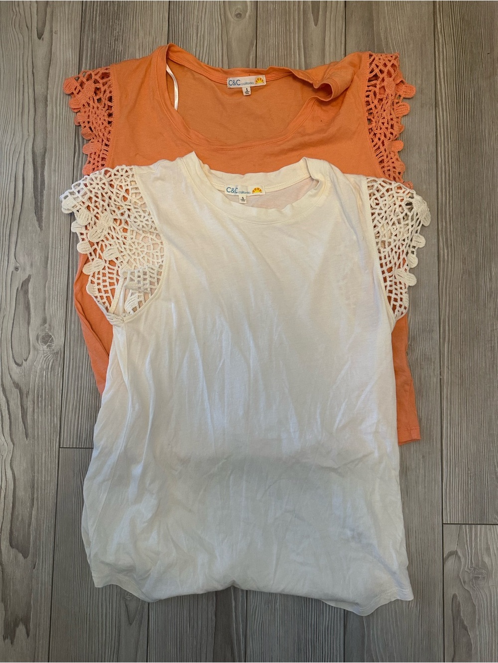 C&C California Crochet Cap Sleeve Tank Top in White and Orange